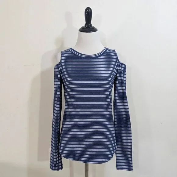 LNA Cold Shoulder Top - Blue & Cream Striped - Size Medium Womens M - Picture 2 of 8